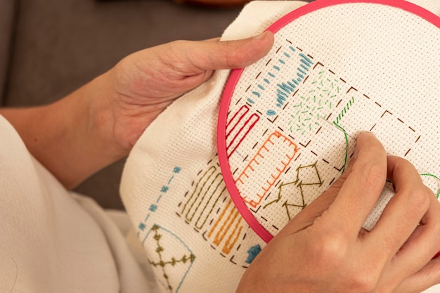 detal haftu na lnianej tkaninie